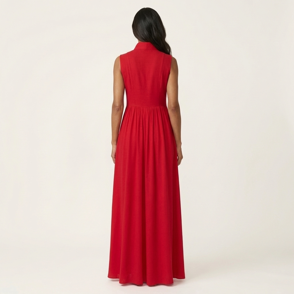 Clarisa | Vestido Maxi Plisado sin Mangas con Cuello Mao y Bolsillos