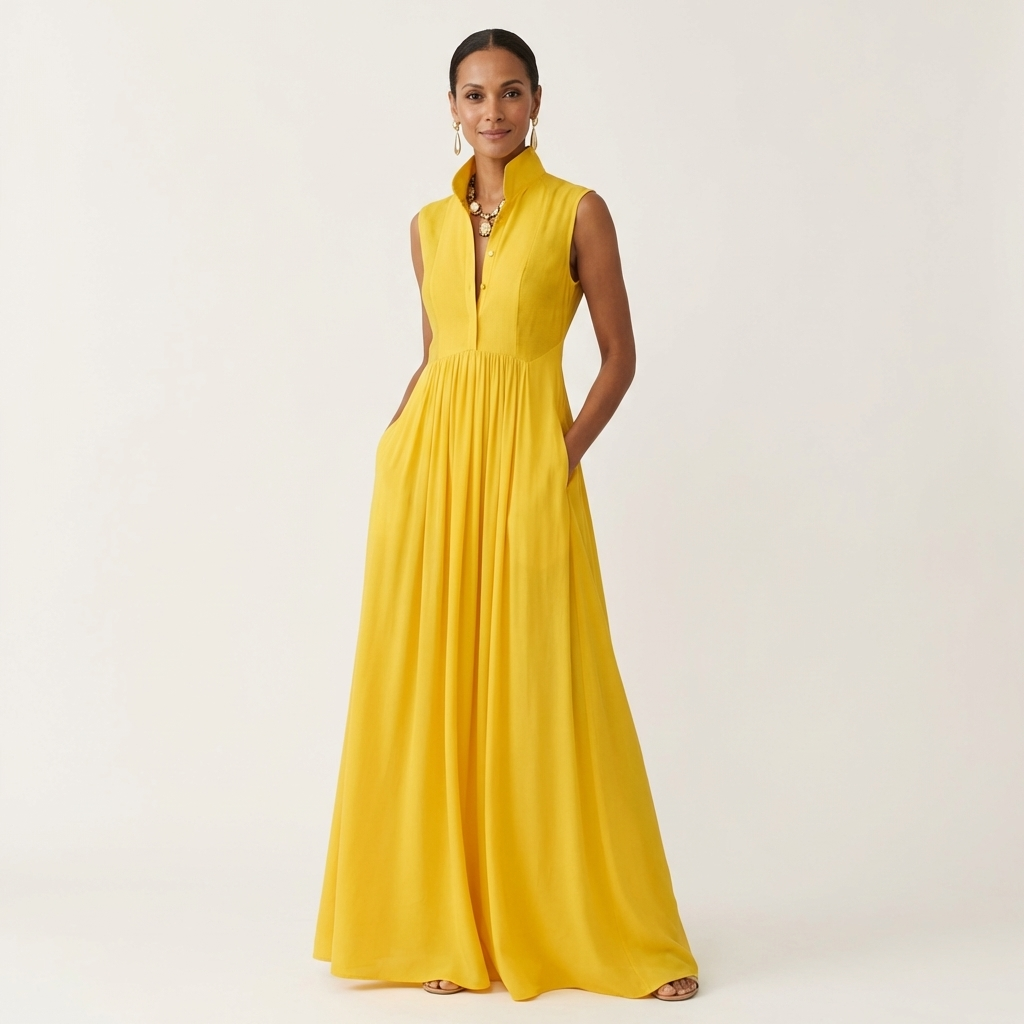 Clarisa | Vestido Maxi Plisado sin Mangas con Cuello Mao y Bolsillos