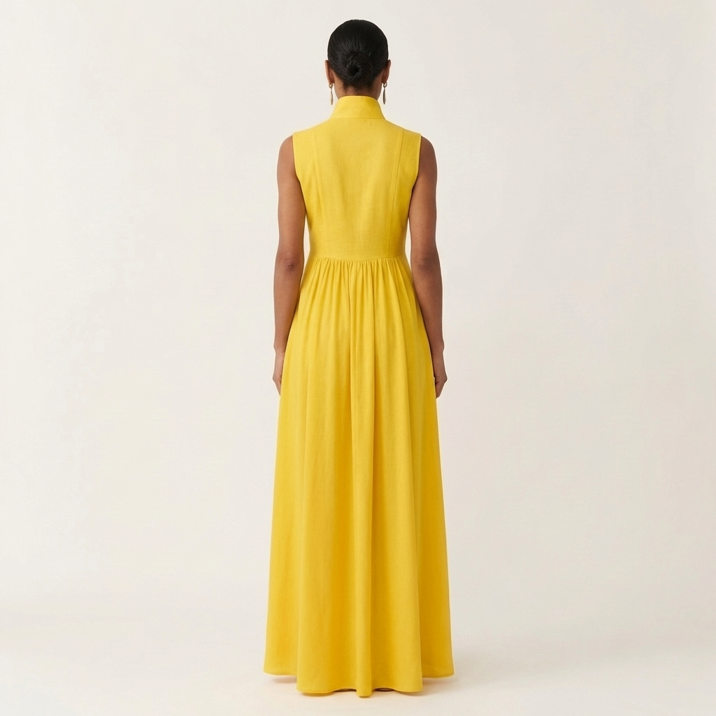Clarisa | Vestido Maxi Plisado sin Mangas con Cuello Mao y Bolsillos