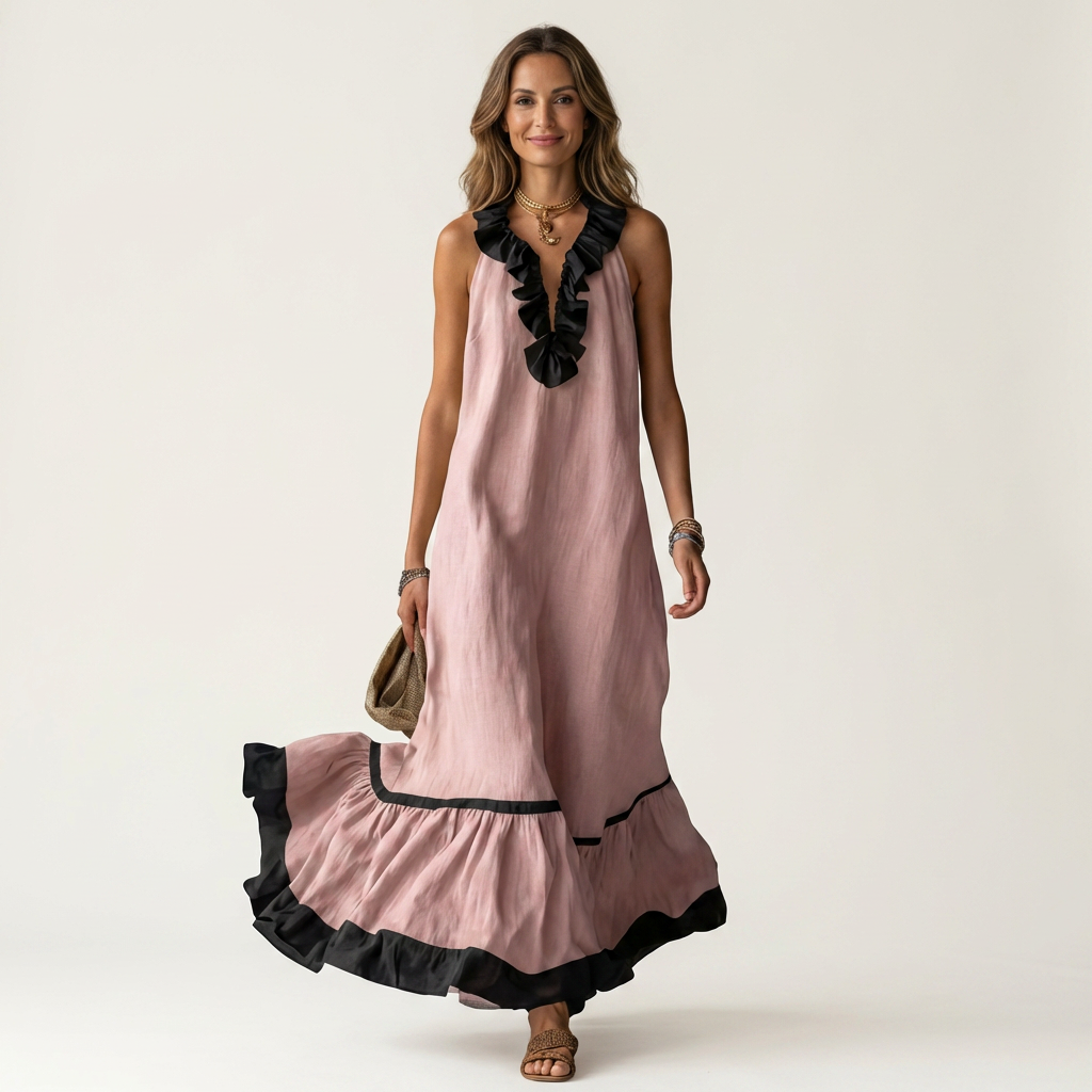 Mayline | Vestido Maxi sin Mangas con Volantes en Contraste, Fluido