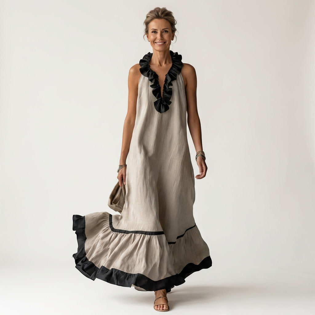 Mayline | Vestido Maxi sin Mangas con Volantes en Contraste, Fluido
