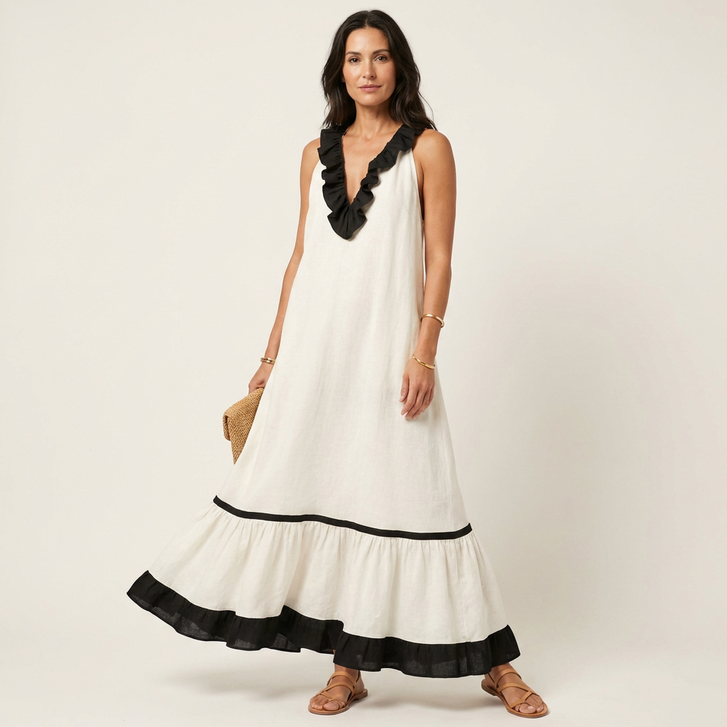 Mayline | Vestido Maxi sin Mangas con Volantes en Contraste, Fluido