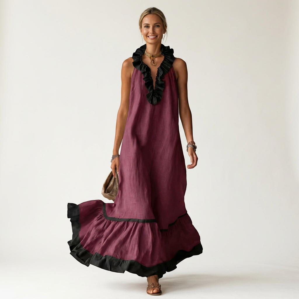 Mayline | Vestido Maxi sin Mangas con Volantes en Contraste, Fluido