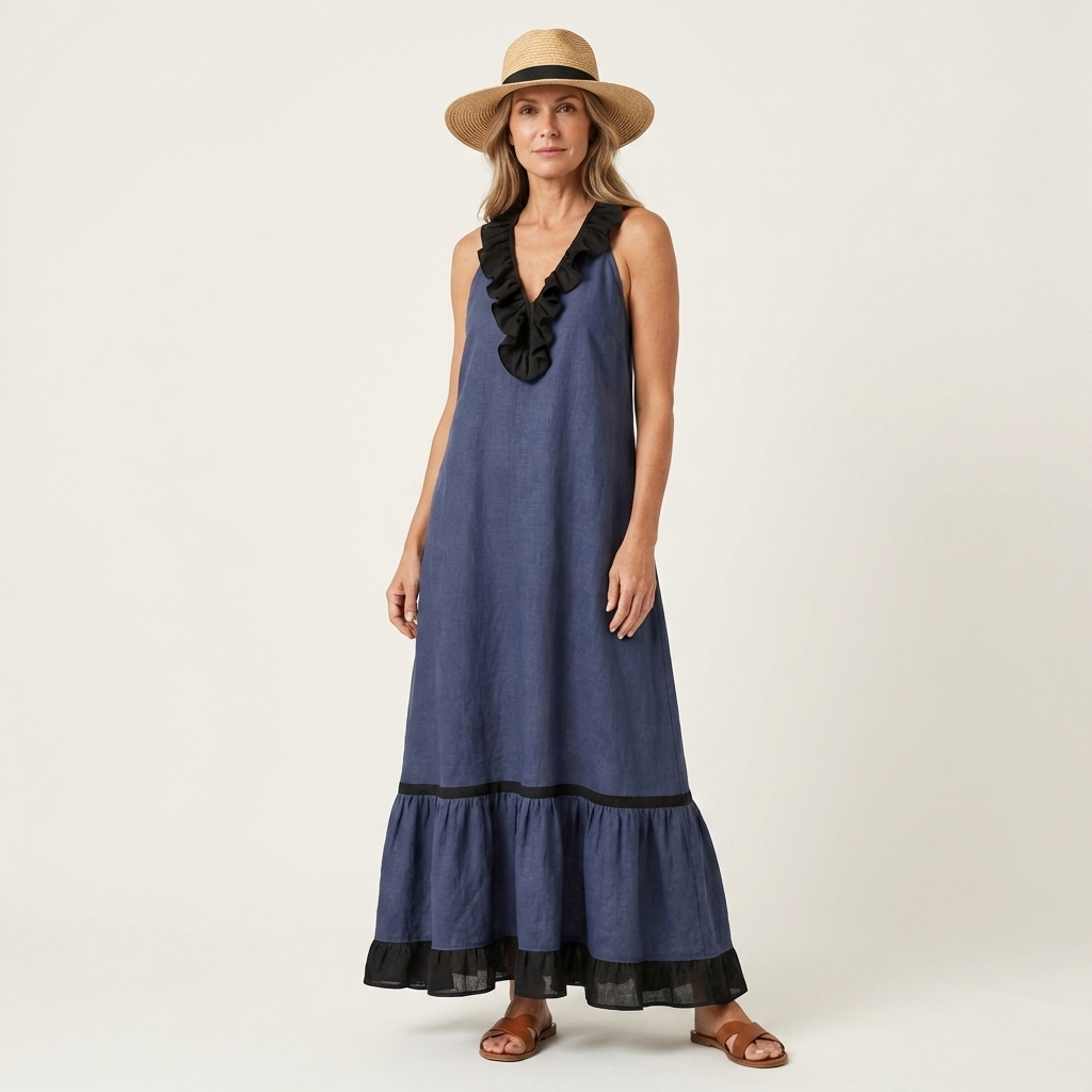 Mayline | Vestido Maxi sin Mangas con Volantes en Contraste, Fluido