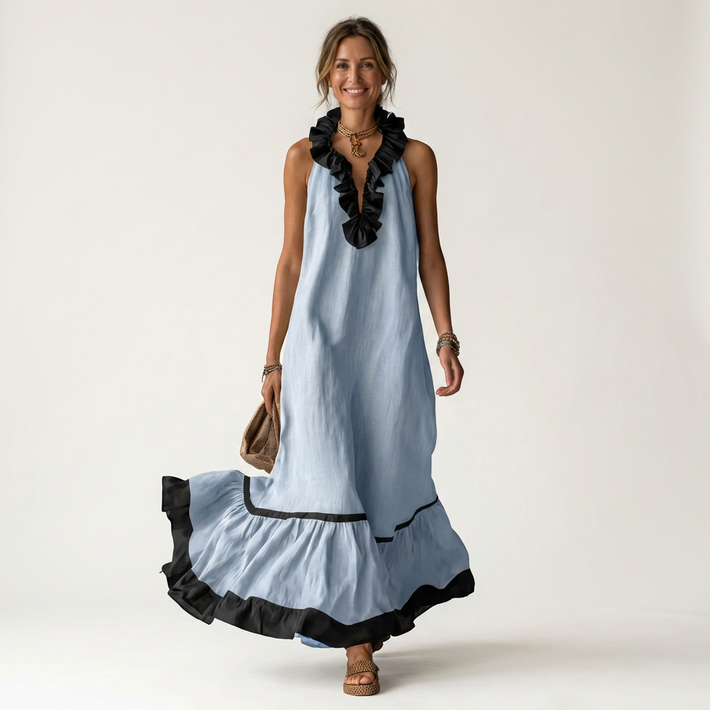 Mayline | Vestido Maxi sin Mangas con Volantes en Contraste, Fluido