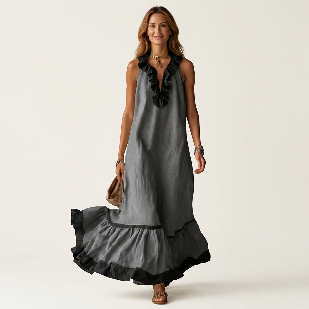 Mayline | Vestido Maxi sin Mangas con Volantes en Contraste, Fluido