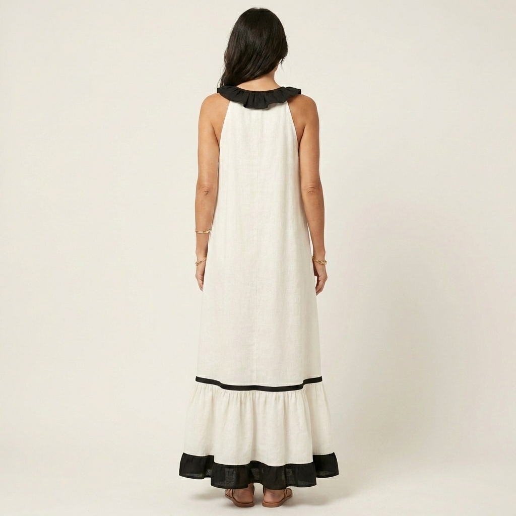 Mayline | Vestido Maxi sin Mangas con Volantes en Contraste, Fluido