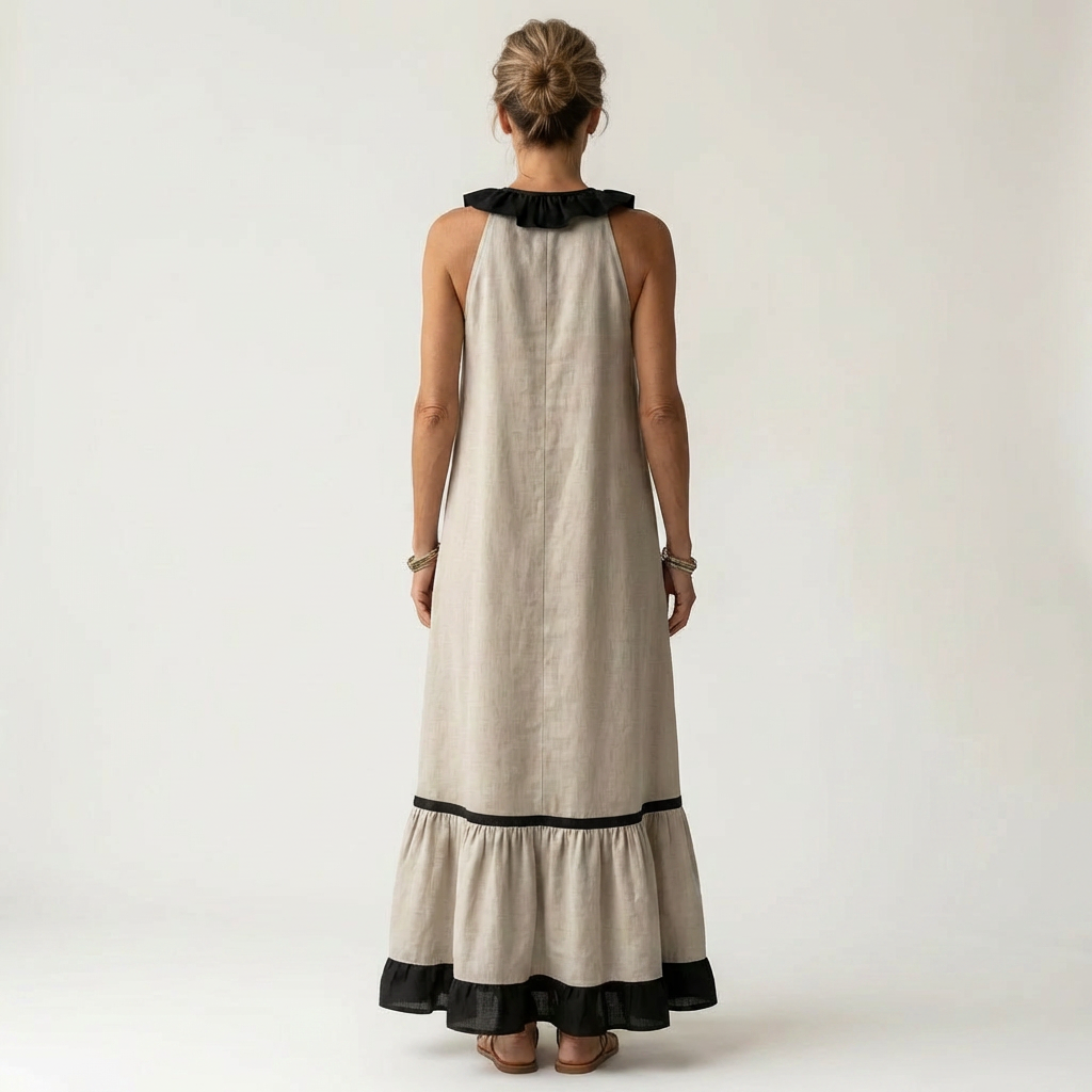 Mayline | Vestido Maxi sin Mangas con Volantes en Contraste, Fluido