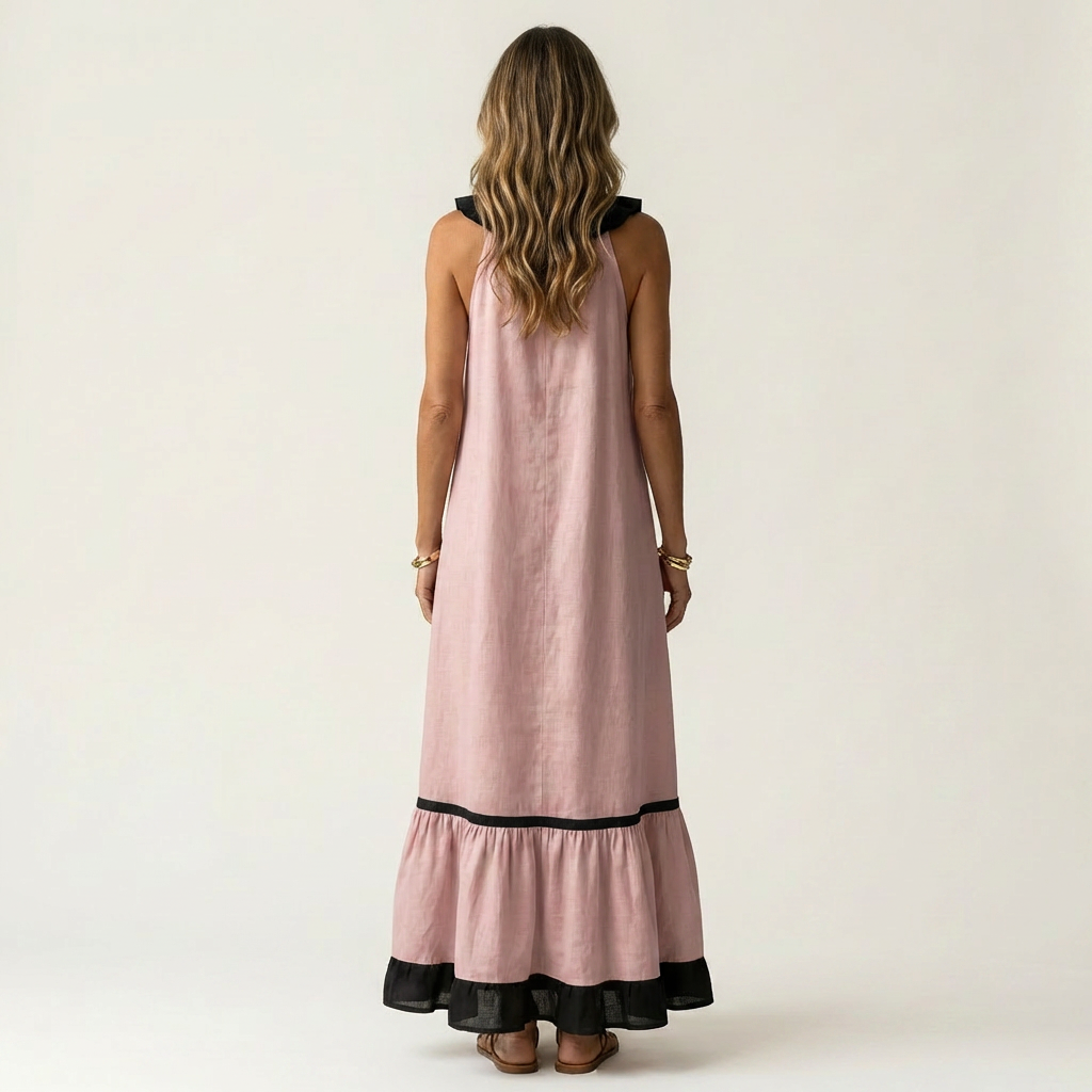 Mayline | Vestido Maxi sin Mangas con Volantes en Contraste, Fluido