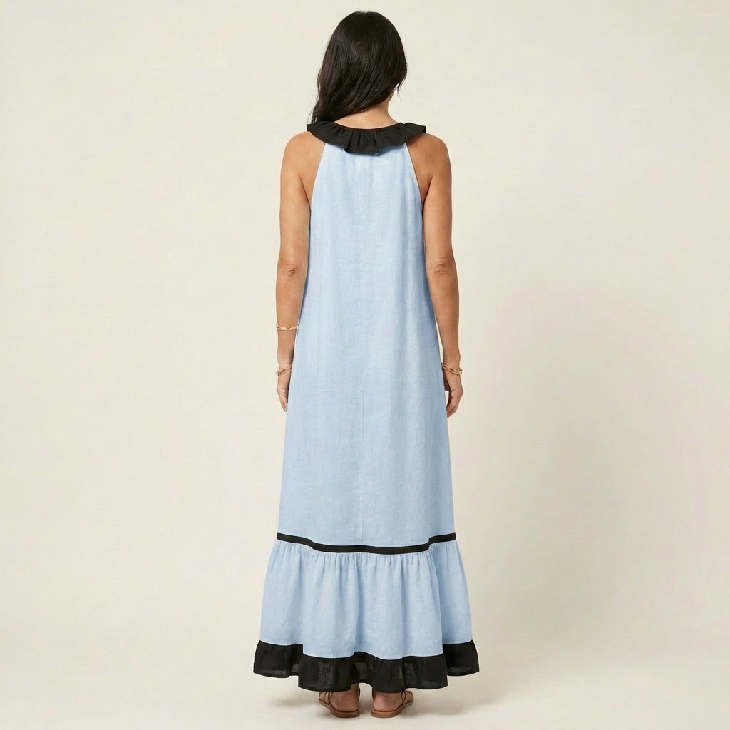 Mayline | Vestido Maxi sin Mangas con Volantes en Contraste, Fluido