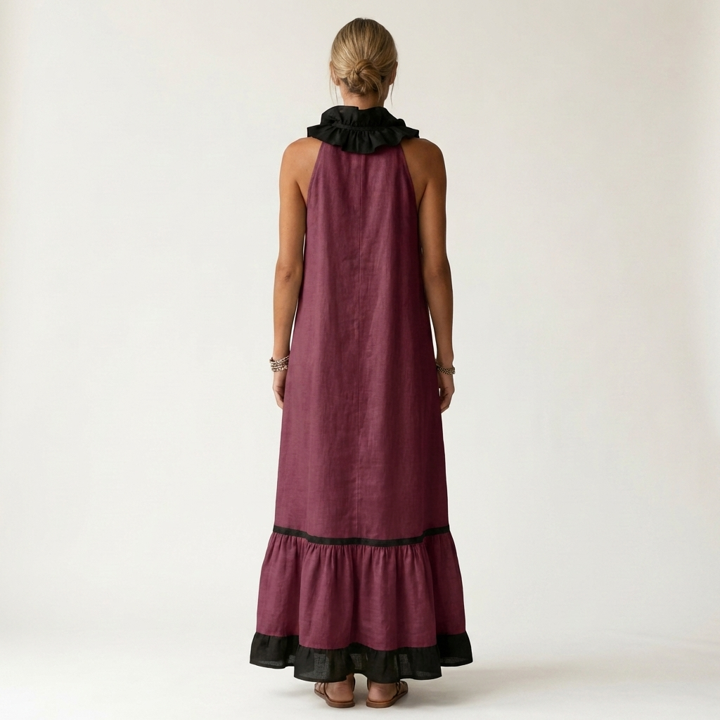 Mayline | Vestido Maxi sin Mangas con Volantes en Contraste, Fluido
