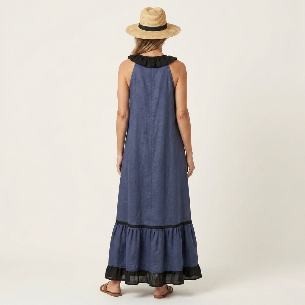 Mayline | Vestido Maxi sin Mangas con Volantes en Contraste, Fluido