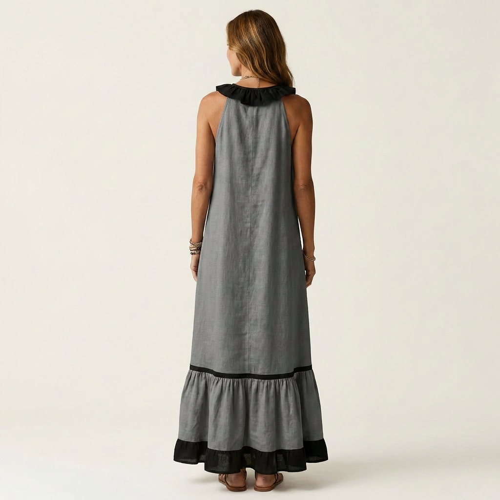 Mayline | Vestido Maxi sin Mangas con Volantes en Contraste, Fluido