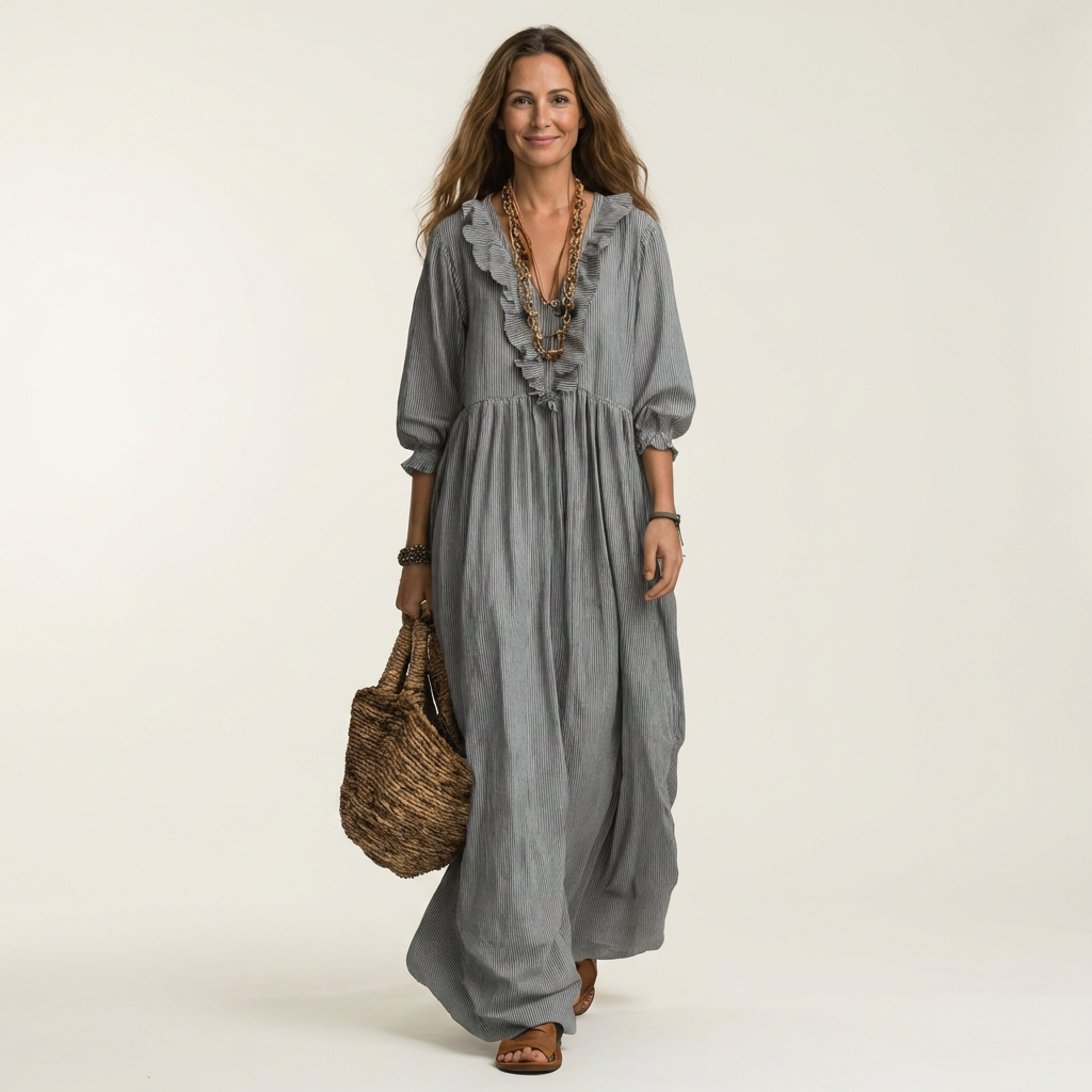Yosetta | Vestido Maxi de Rayas con Volantes y Mangas Farol, Romántico