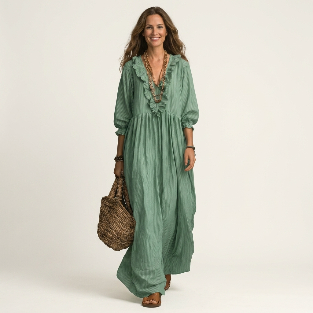 Yosetta | Vestido Maxi de Rayas con Volantes y Mangas Farol, Romántico