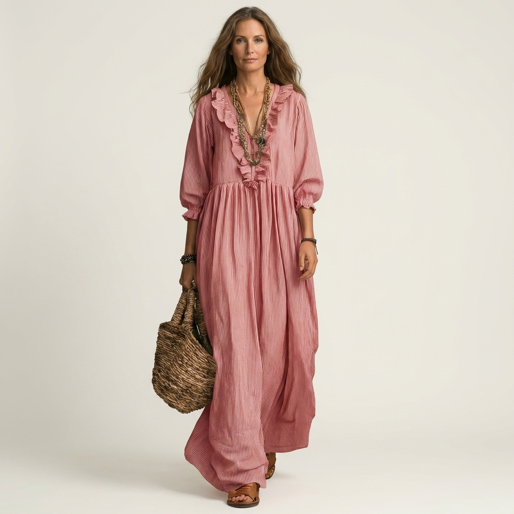 Yosetta | Vestido Maxi de Rayas con Volantes y Mangas Farol, Romántico