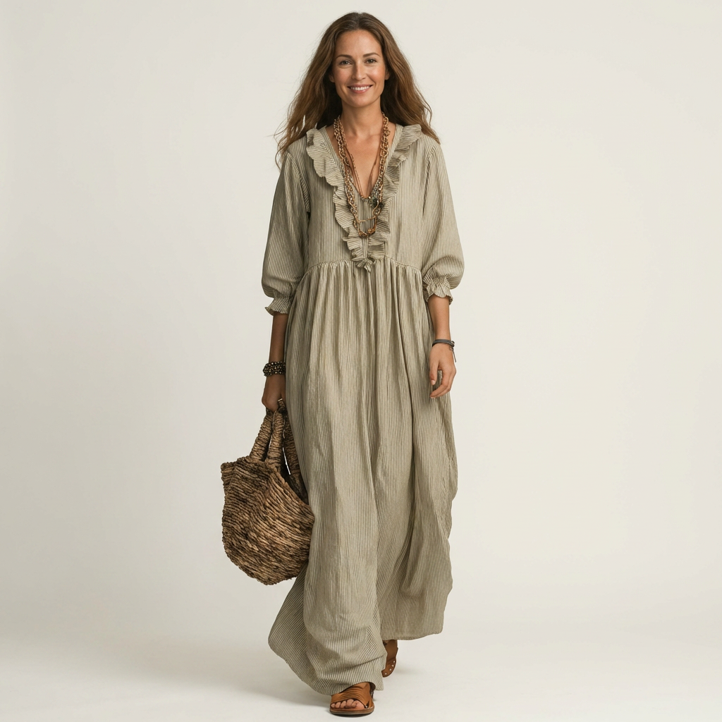 Yosetta | Vestido Maxi de Rayas con Volantes y Mangas Farol, Romántico