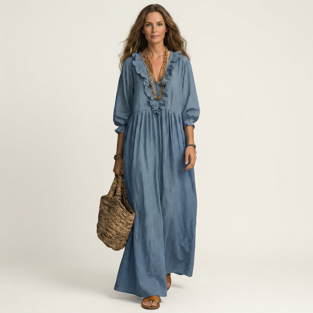 Yosetta | Vestido Maxi de Rayas con Volantes y Mangas Farol, Romántico