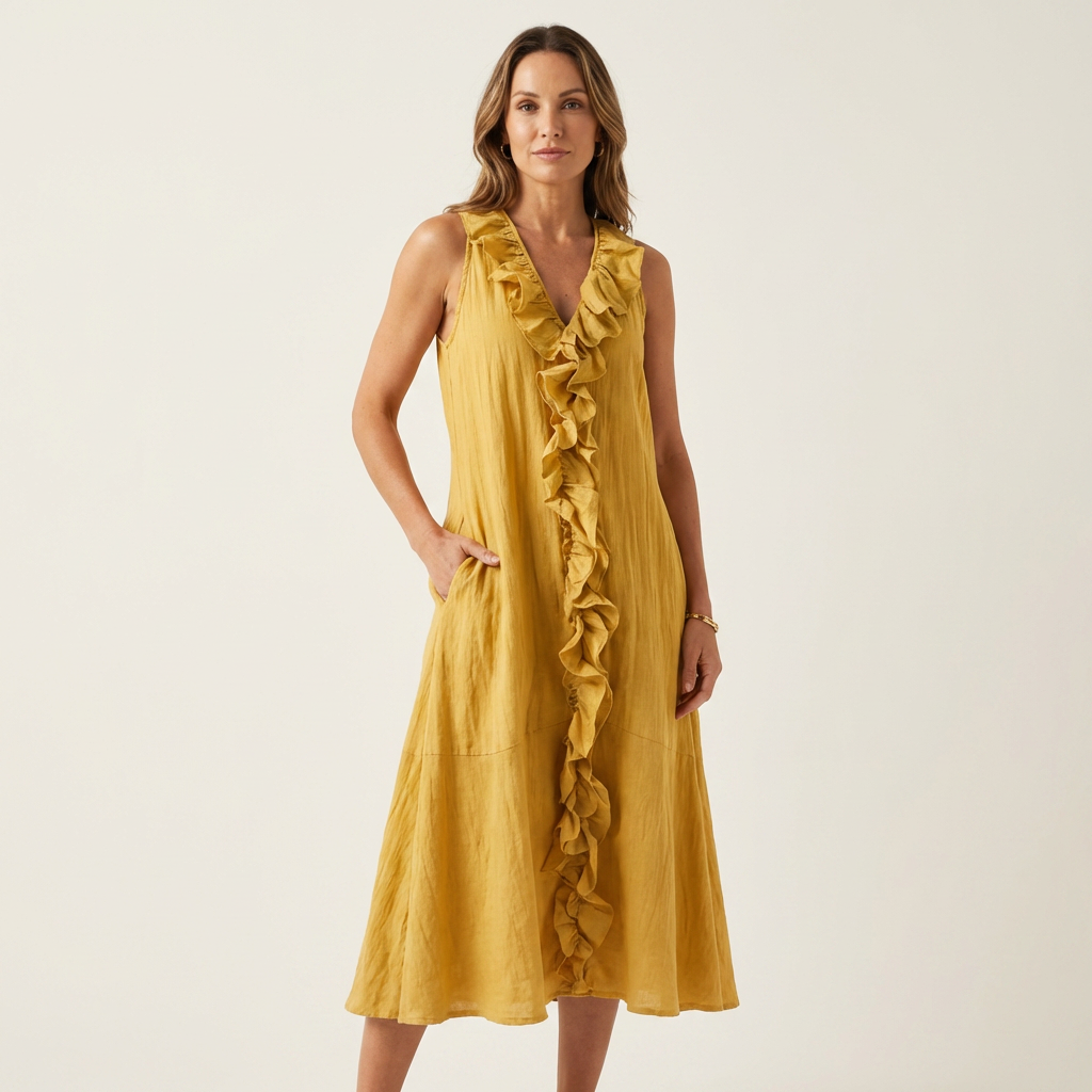 Vicky | Vestido Maxi de Lino sin Mangas con Volante Frontal, Fresco