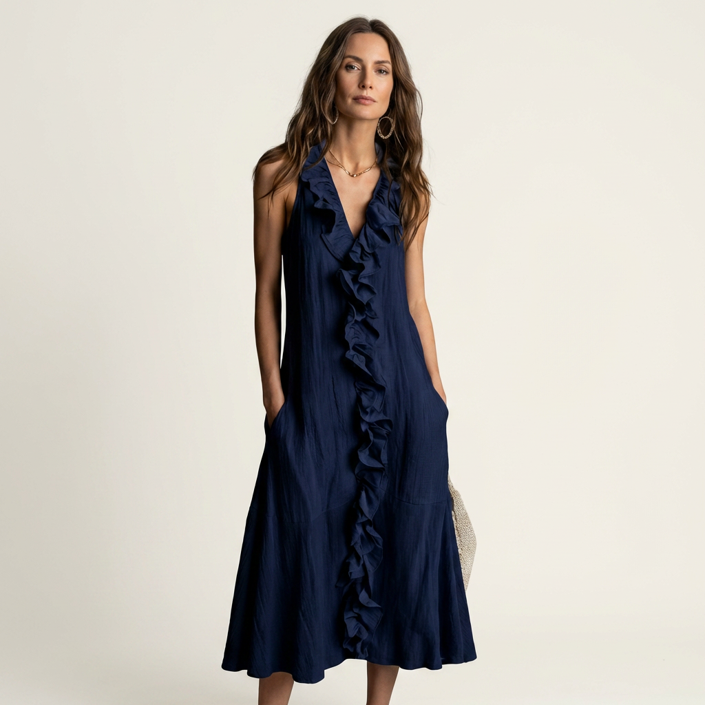 Vicky | Vestido Maxi de Lino sin Mangas con Volante Frontal, Fresco