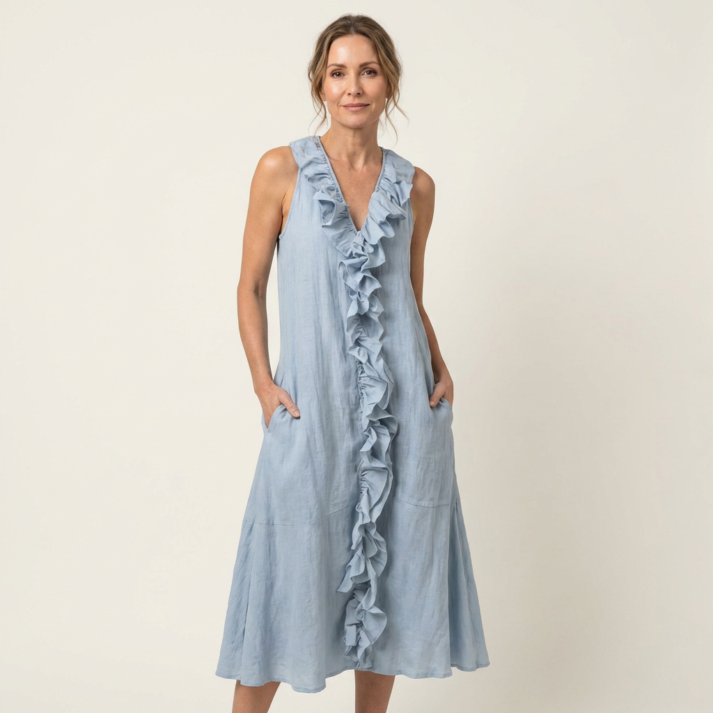 Vicky | Vestido Maxi de Lino sin Mangas con Volante Frontal, Fresco