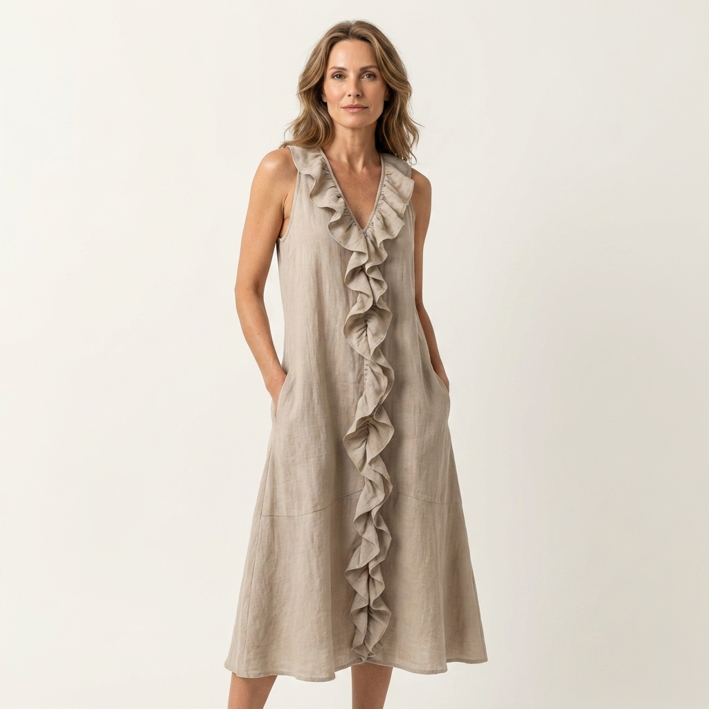 Vicky | Vestido Maxi de Lino sin Mangas con Volante Frontal, Fresco