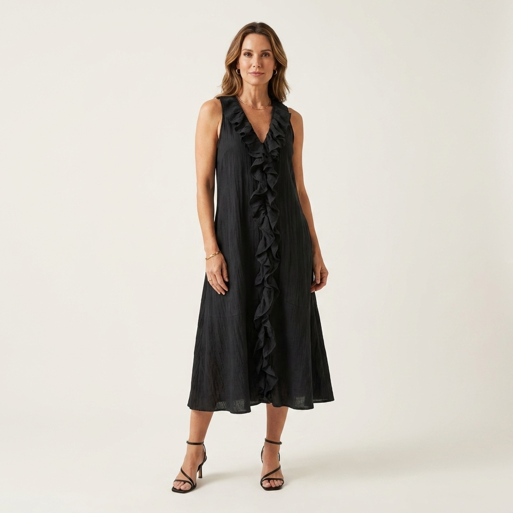 Vicky | Vestido Maxi de Lino sin Mangas con Volante Frontal, Fresco
