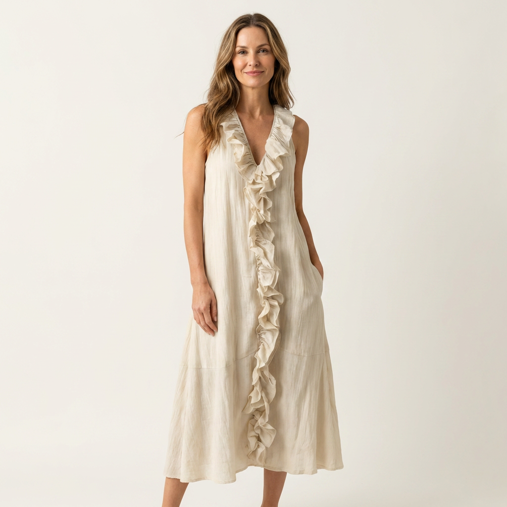 Vicky | Vestido Maxi de Lino sin Mangas con Volante Frontal, Fresco
