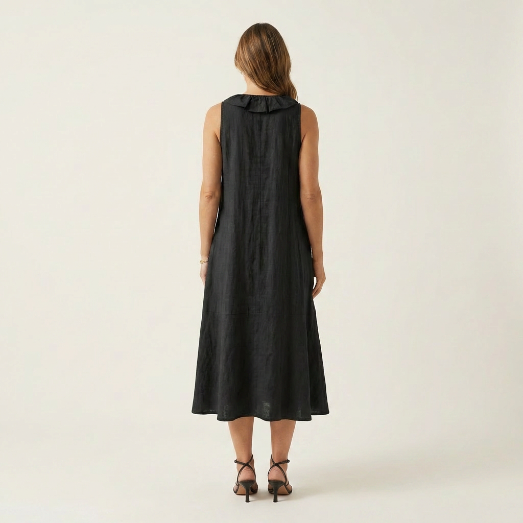 Vicky | Vestido Maxi de Lino sin Mangas con Volante Frontal, Fresco