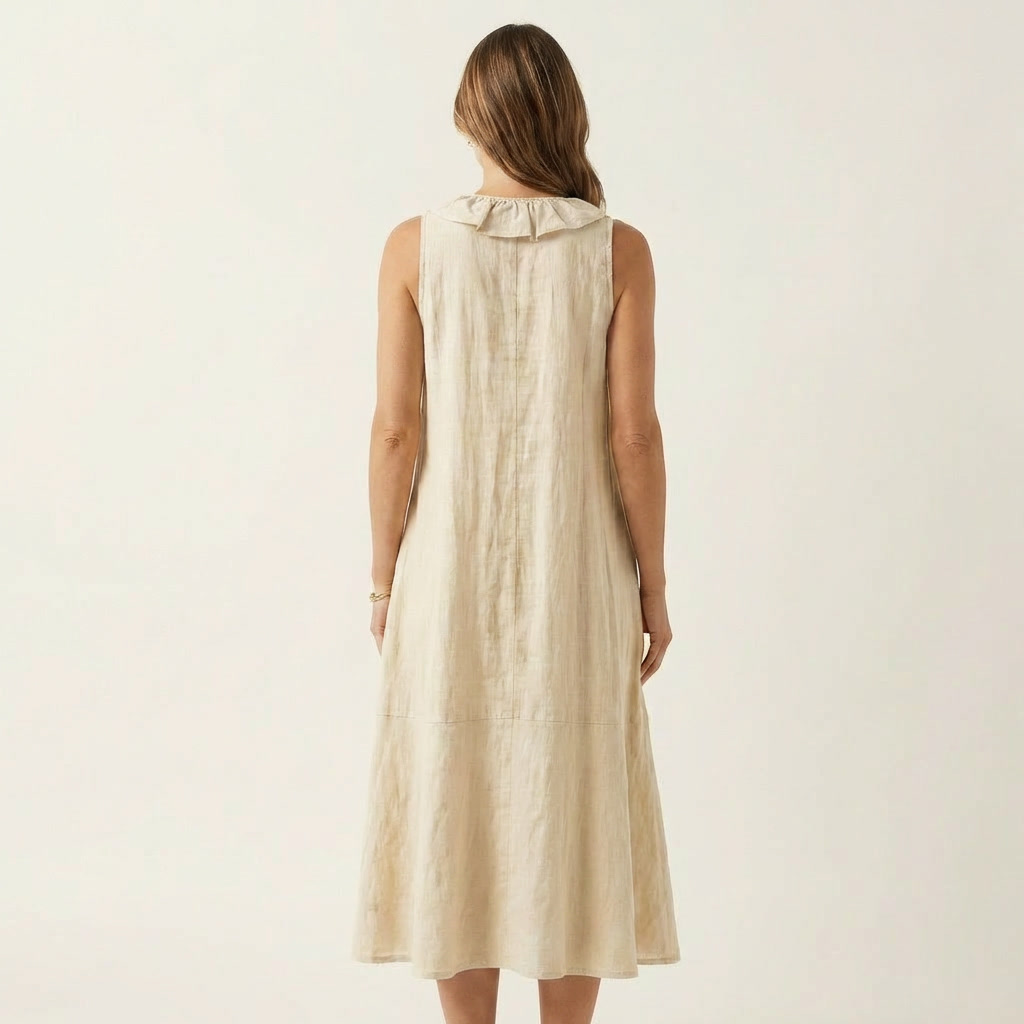 Vicky | Vestido Maxi de Lino sin Mangas con Volante Frontal, Fresco