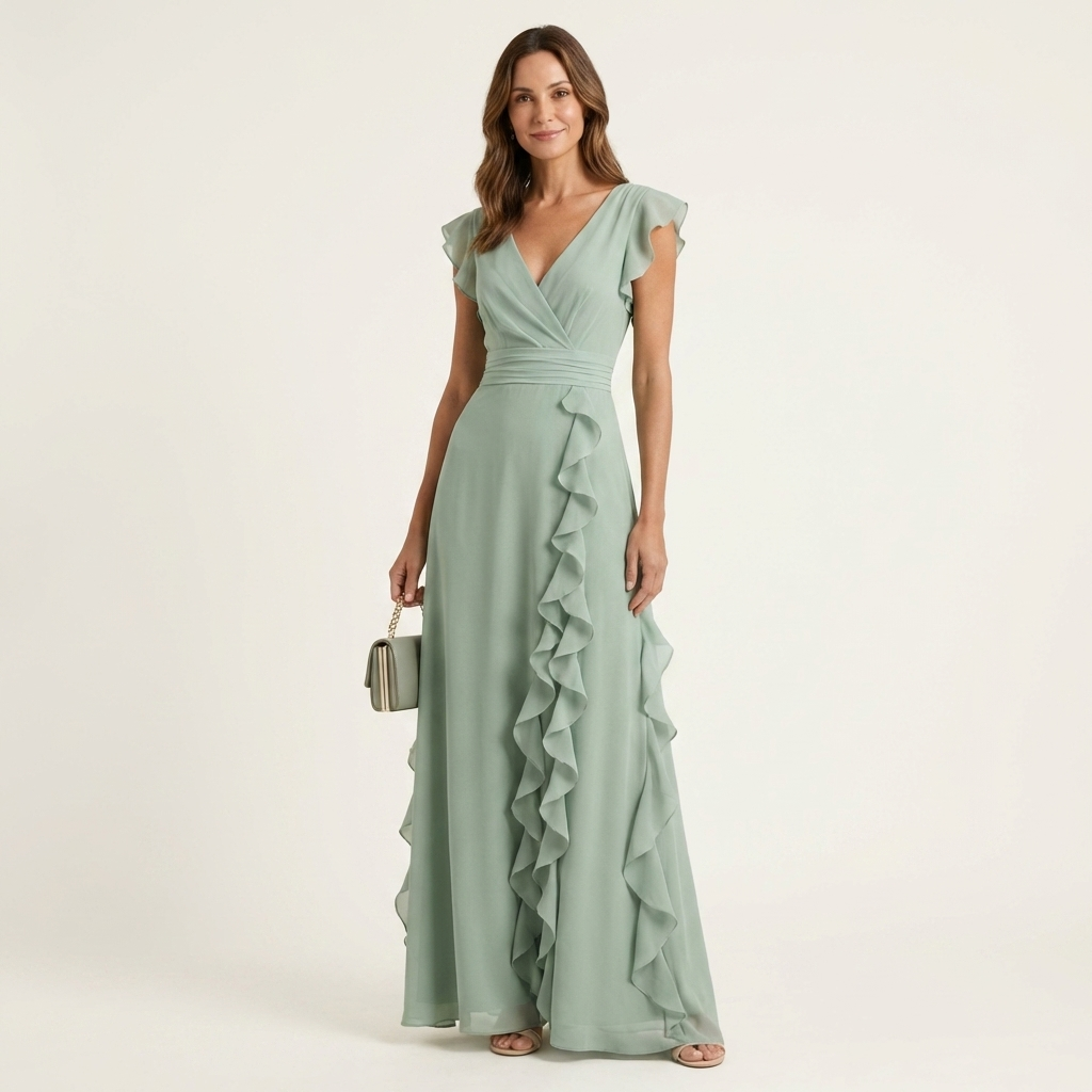 Nellyana | Vestido Maxi Cruzado con Mangas de Vuelo y Volante en Cascada