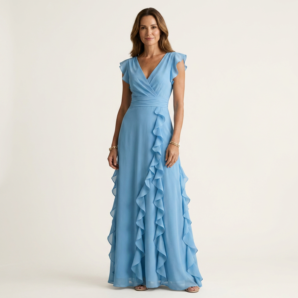 Nellyana | Vestido Maxi Cruzado con Mangas de Vuelo y Volante en Cascada