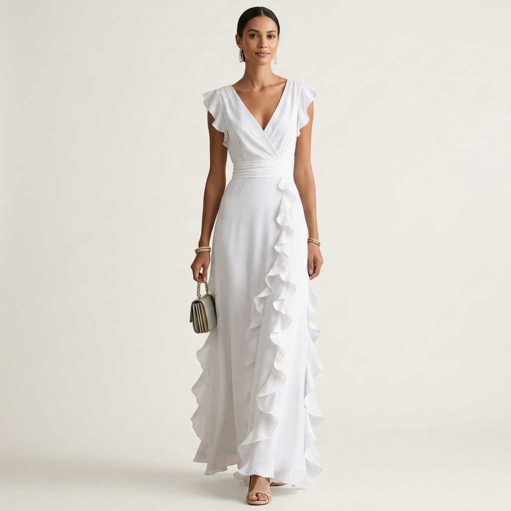 Nellyana | Vestido Maxi Cruzado con Mangas de Vuelo y Volante en Cascada