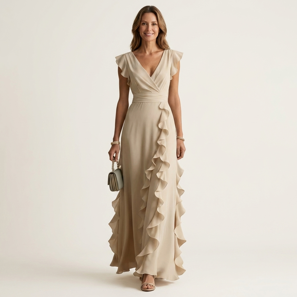 Nellyana | Vestido Maxi Cruzado con Mangas de Vuelo y Volante en Cascada