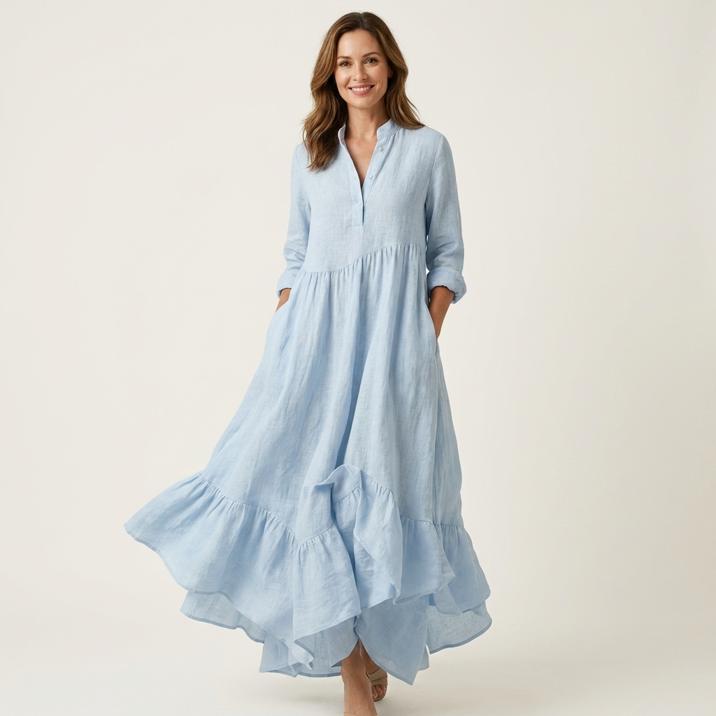 Jilana | Vestido Maxi con Cuello Mao, Botones y Bajo de Volantes, Fresco