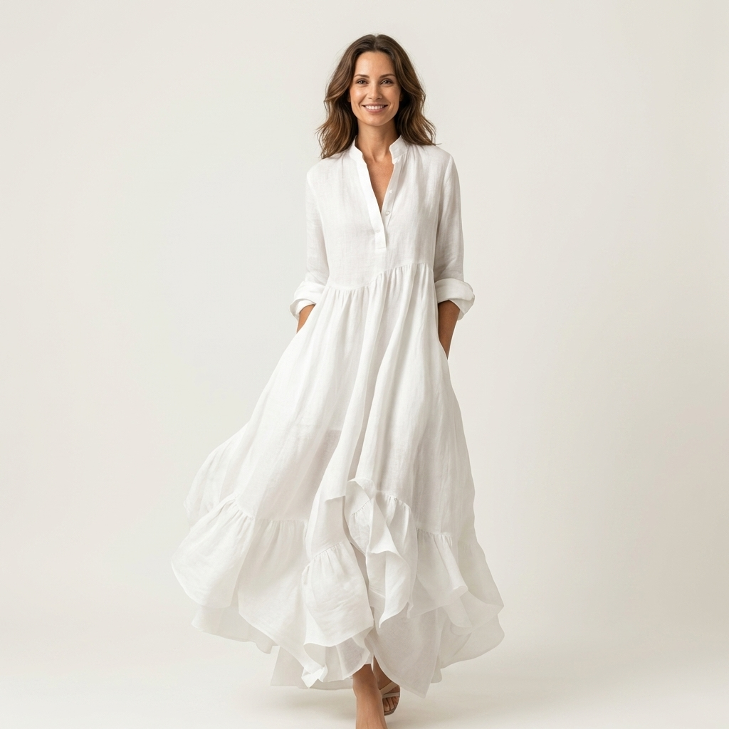 Jilana | Vestido Maxi con Cuello Mao, Botones y Bajo de Volantes, Fresco