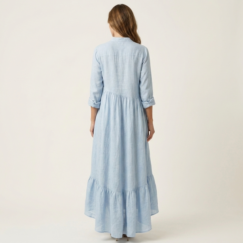 Jilana | Vestido Maxi con Cuello Mao, Botones y Bajo de Volantes, Fresco