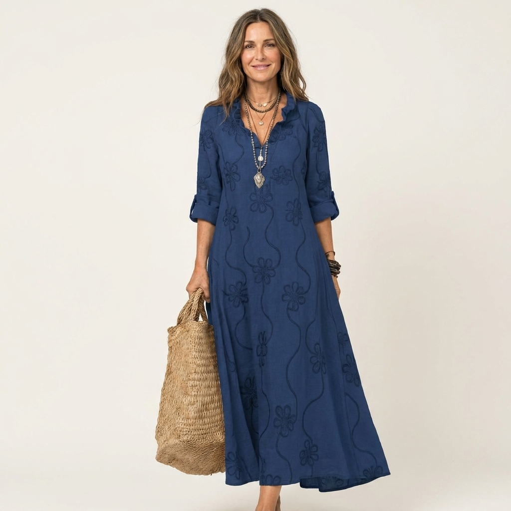 Mariam | Vestido Maxi de Algodón y Lino con Bordado Floral, Romántico