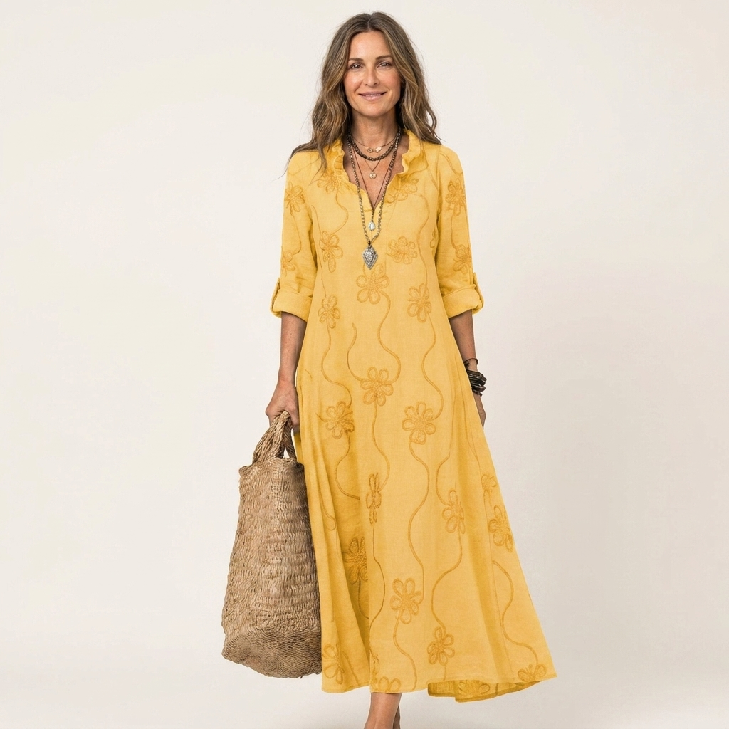 Mariam | Vestido Maxi de Algodón y Lino con Bordado Floral, Romántico
