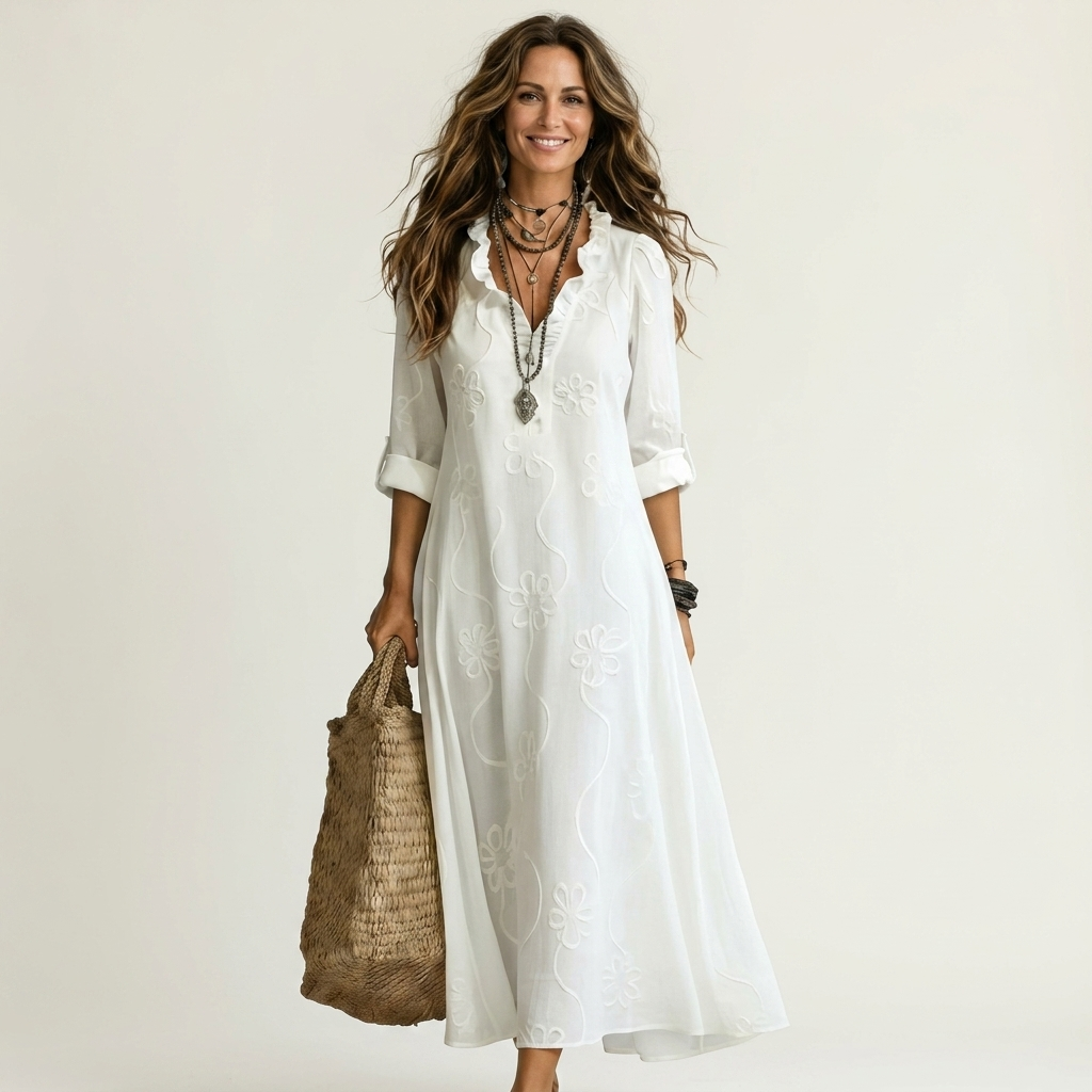 Mariam | Vestido Maxi de Algodón y Lino con Bordado Floral, Romántico