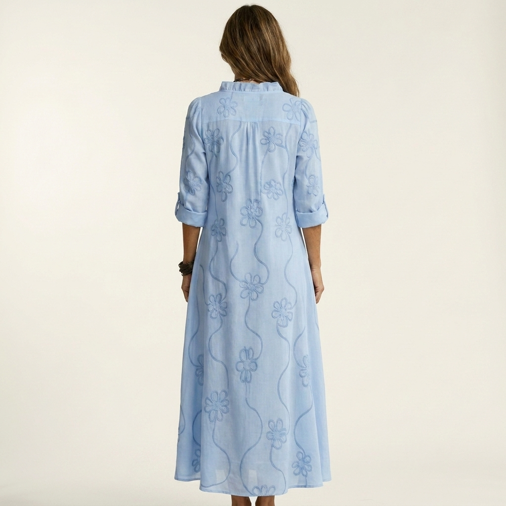 Mariam | Vestido Maxi de Algodón y Lino con Bordado Floral, Romántico