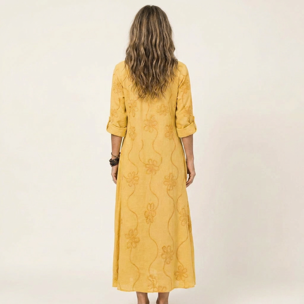 Mariam | Vestido Maxi de Algodón y Lino con Bordado Floral, Romántico