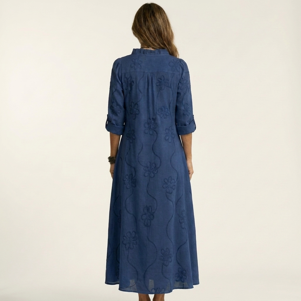 Mariam | Vestido Maxi de Algodón y Lino con Bordado Floral, Romántico