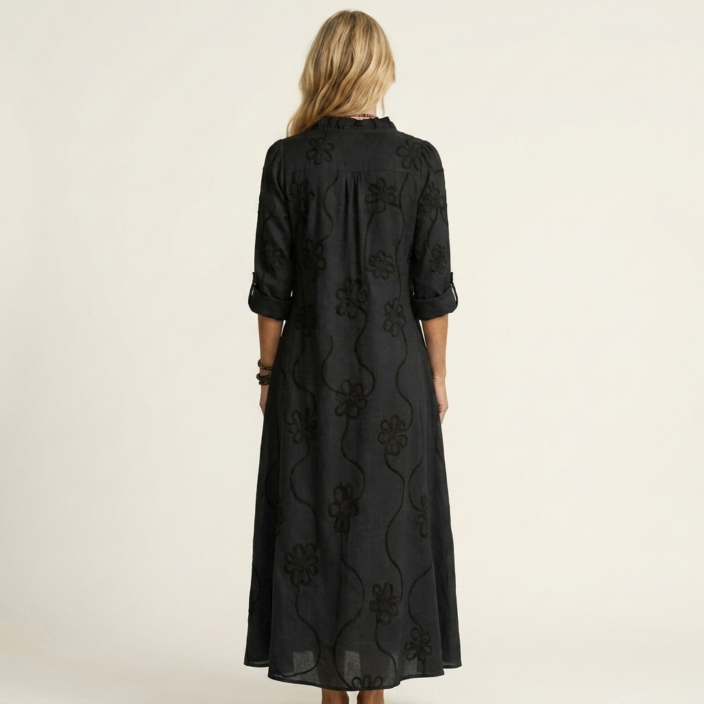 Mariam | Vestido Maxi de Algodón y Lino con Bordado Floral, Romántico