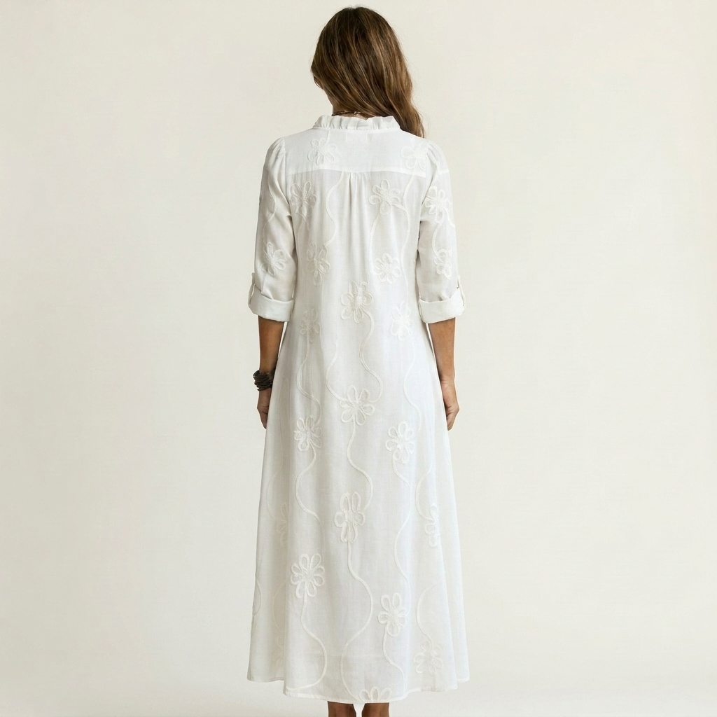 Mariam | Vestido Maxi de Algodón y Lino con Bordado Floral, Romántico