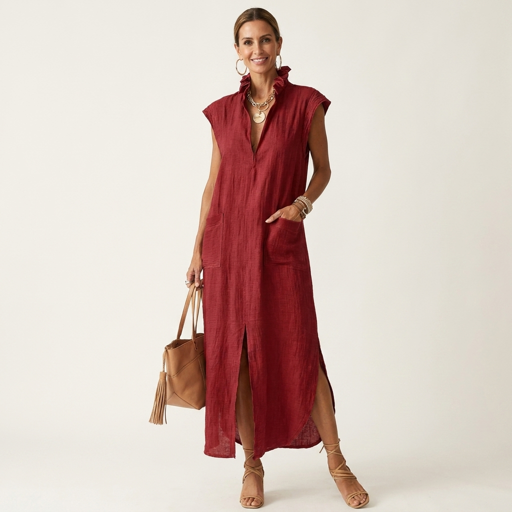 Hera | Vestido Maxi de Algodón Lavado con Cuello de Volante y Escote en V