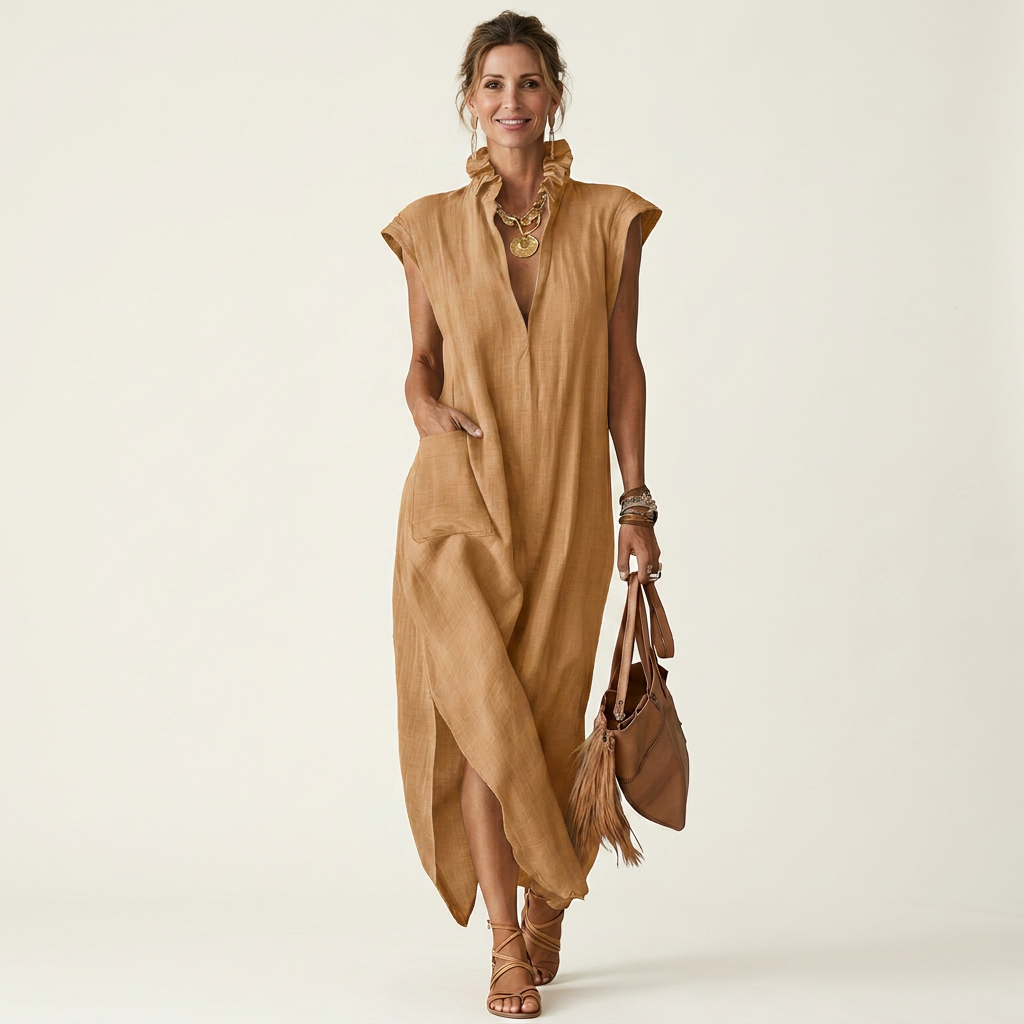 Hera | Vestido Maxi de Algodón Lavado con Cuello de Volante y Escote en V