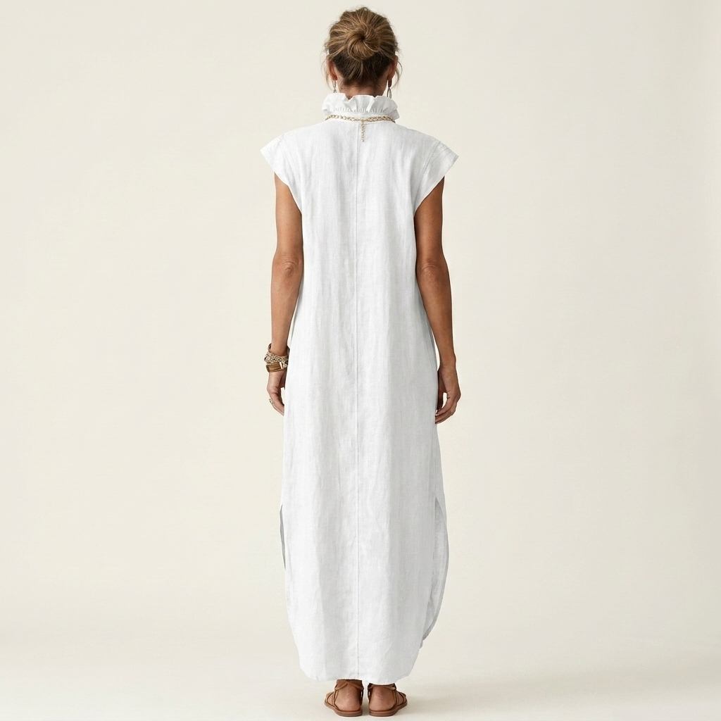 Hera | Vestido Maxi de Algodón Lavado con Cuello de Volante y Escote en V