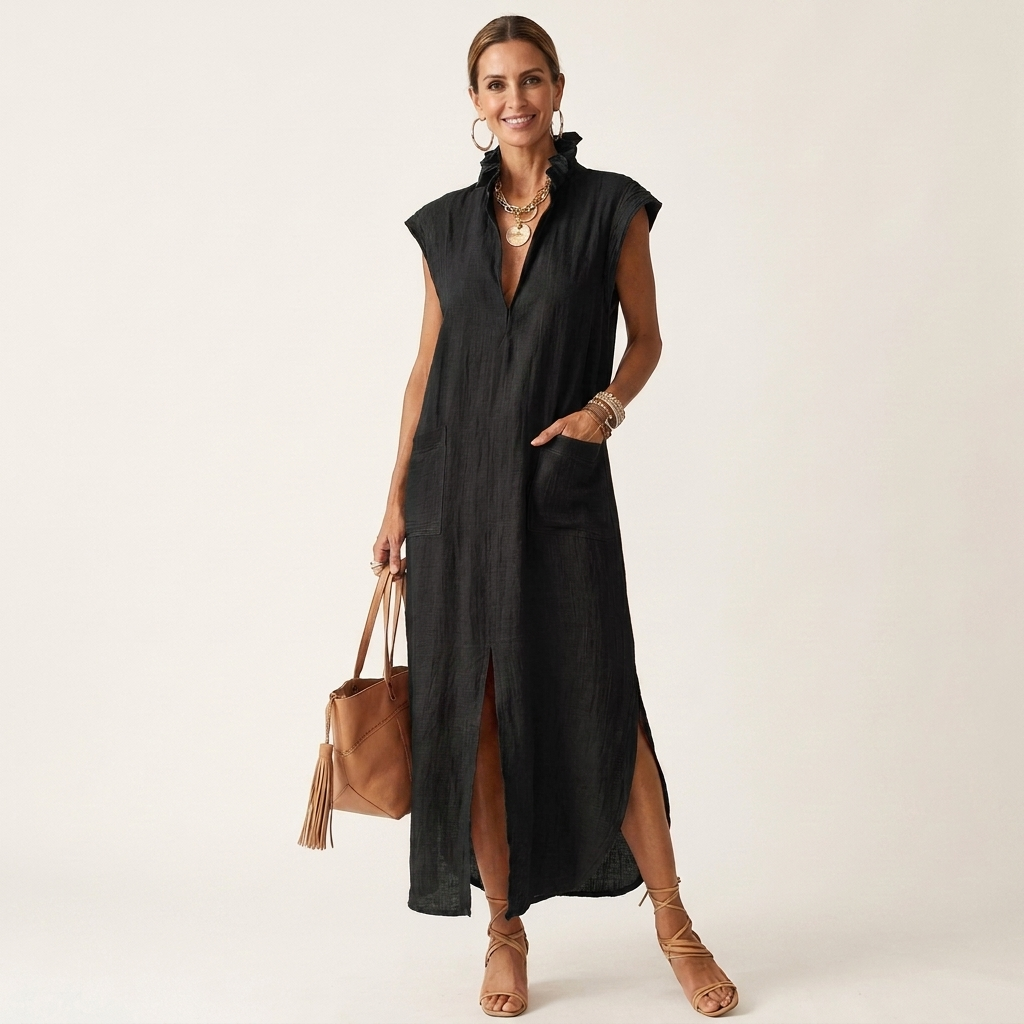Hera | Vestido Maxi de Algodón Lavado con Cuello de Volante y Escote en V