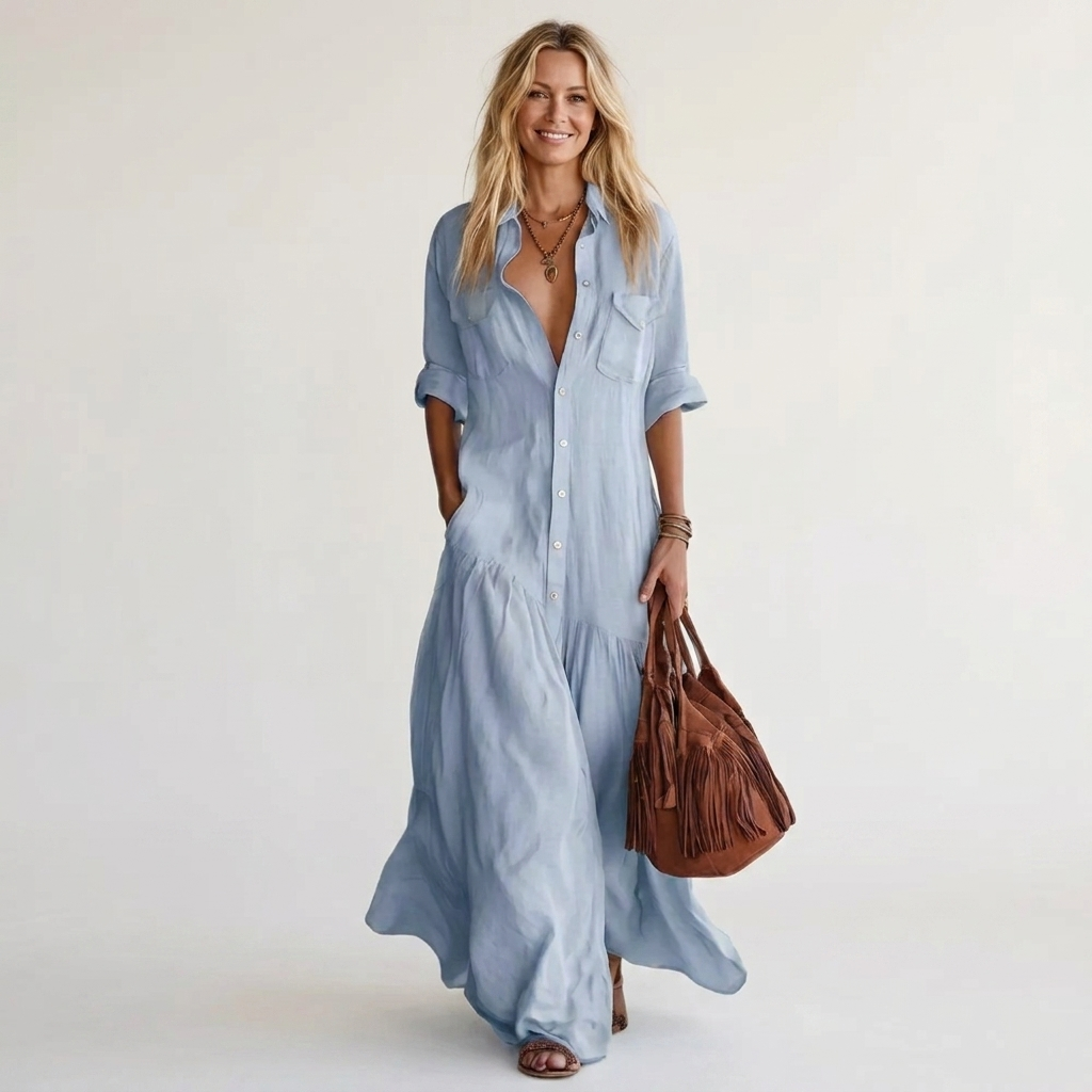 Romie | Vestido Camisero Maxi de Algodón y Lino, Versátil